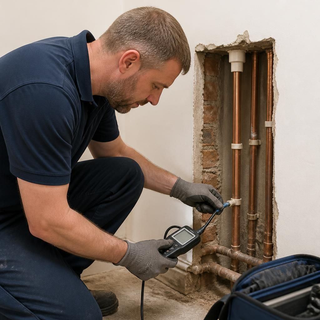 Plumber testing exposed pipework beside a wall after a leak repair
