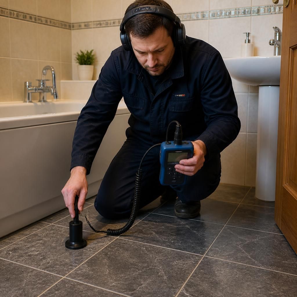 Plumber using acoustic leak detection equipment beside a tiled bathroom floor