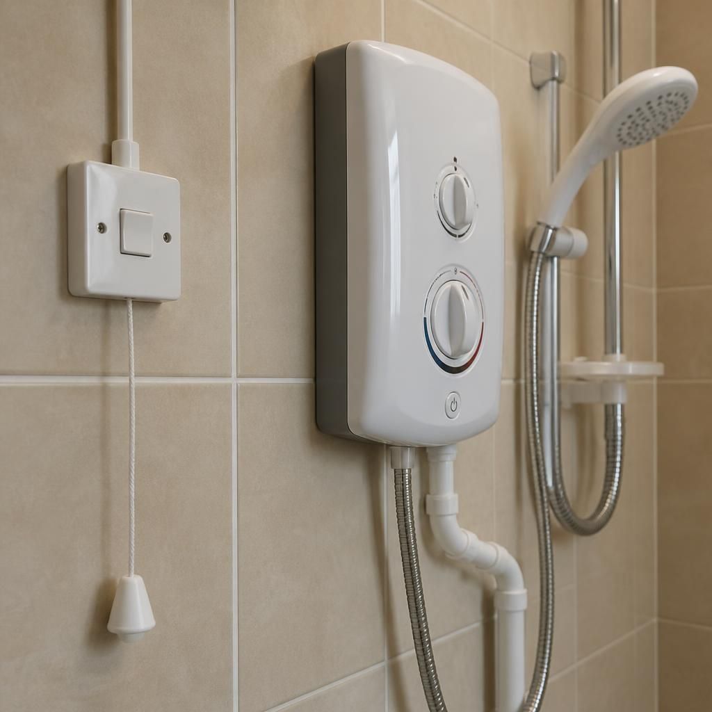 Electric shower unit and pull-cord switch in a rented bathroom