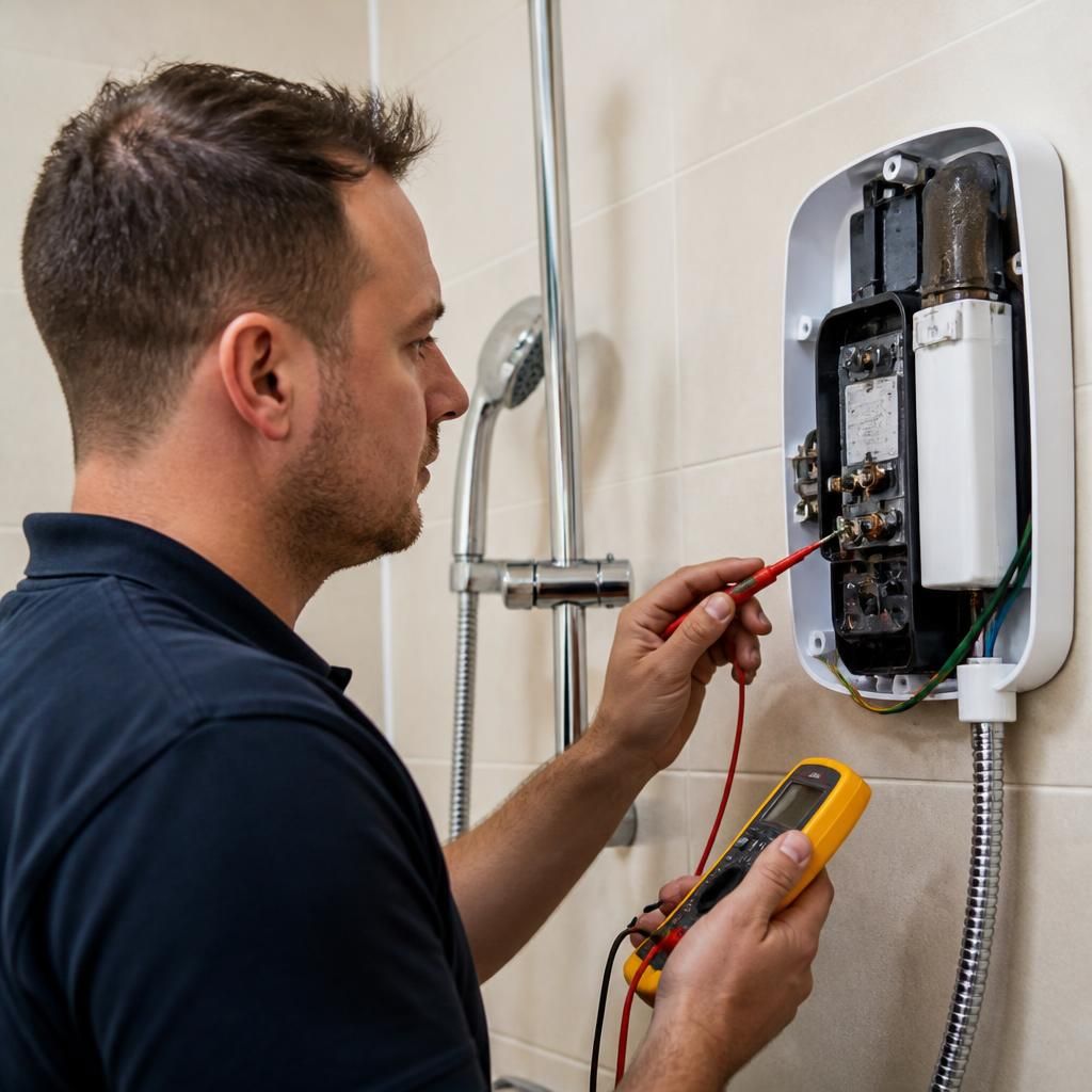 Plumber inspecting an electric shower unit with a voltage tester and hand tools