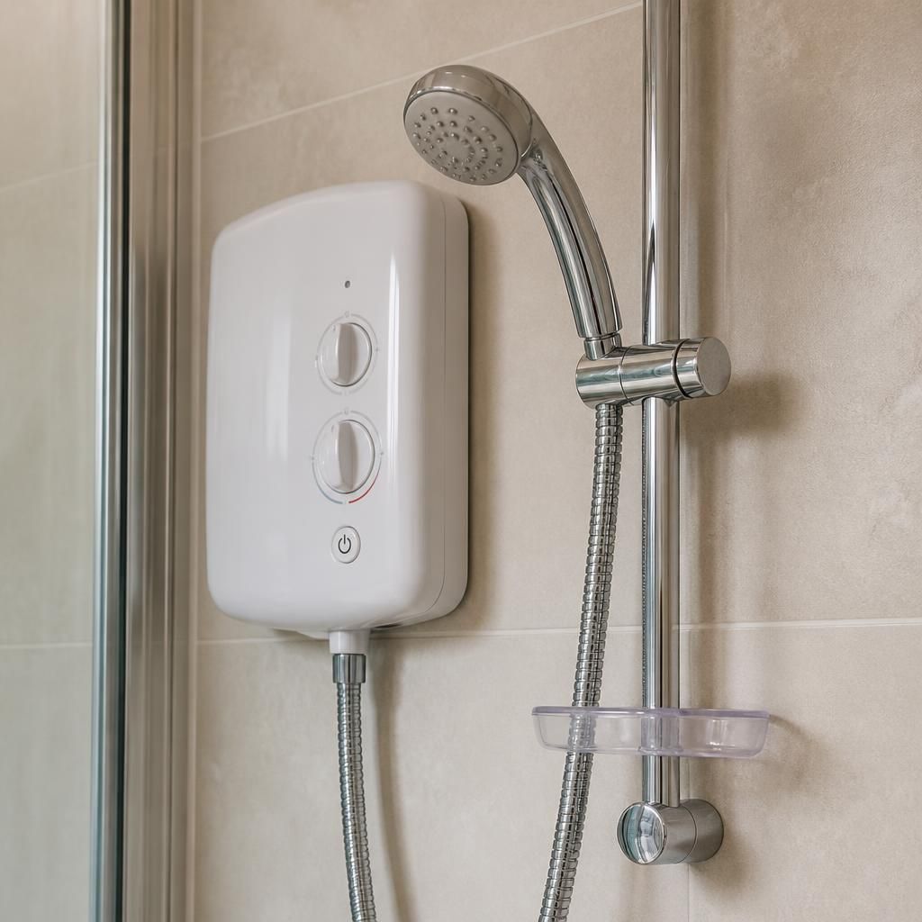 Electric shower unit with external controls and shower handset visible