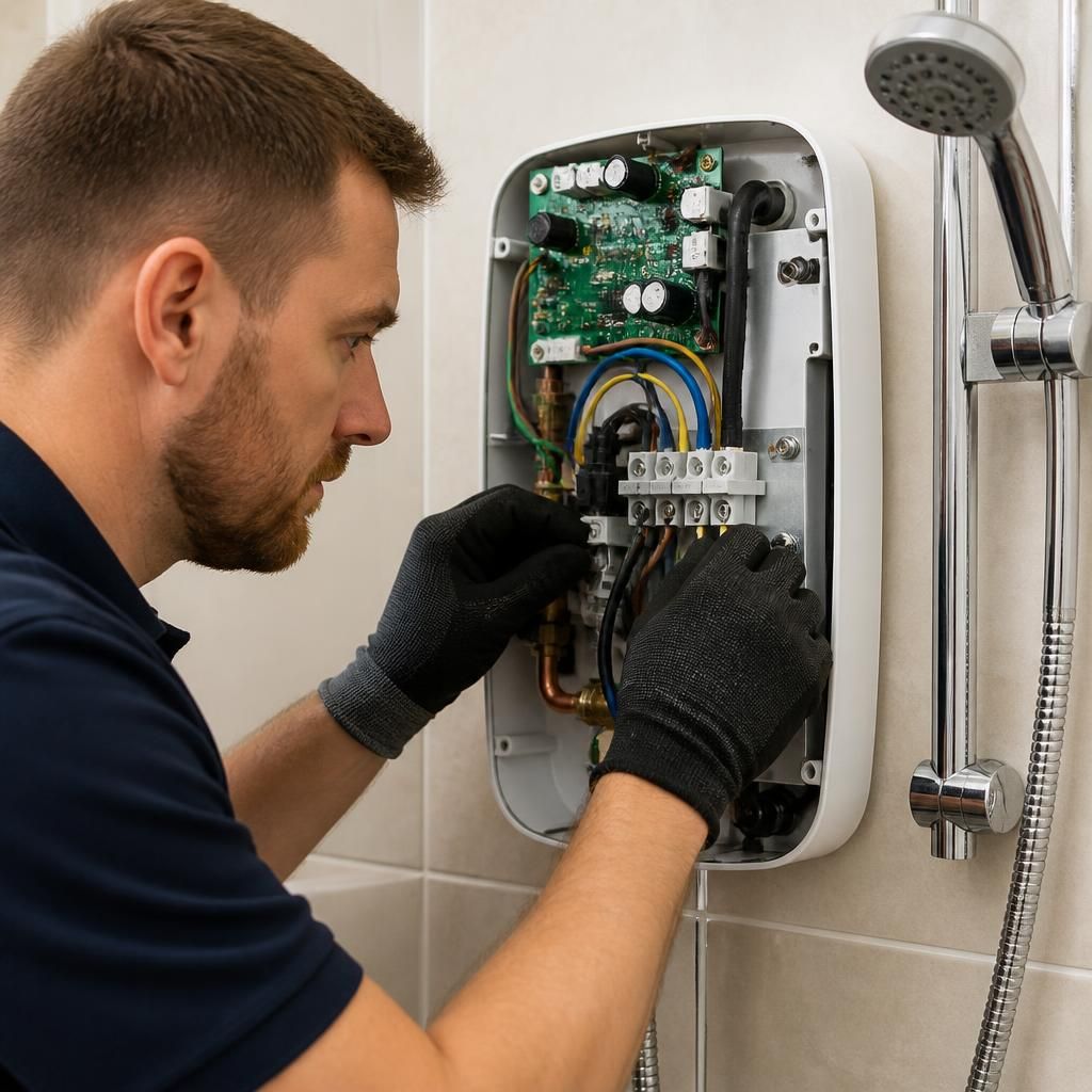 Technician checking the wiring and connections inside an electric shower unit