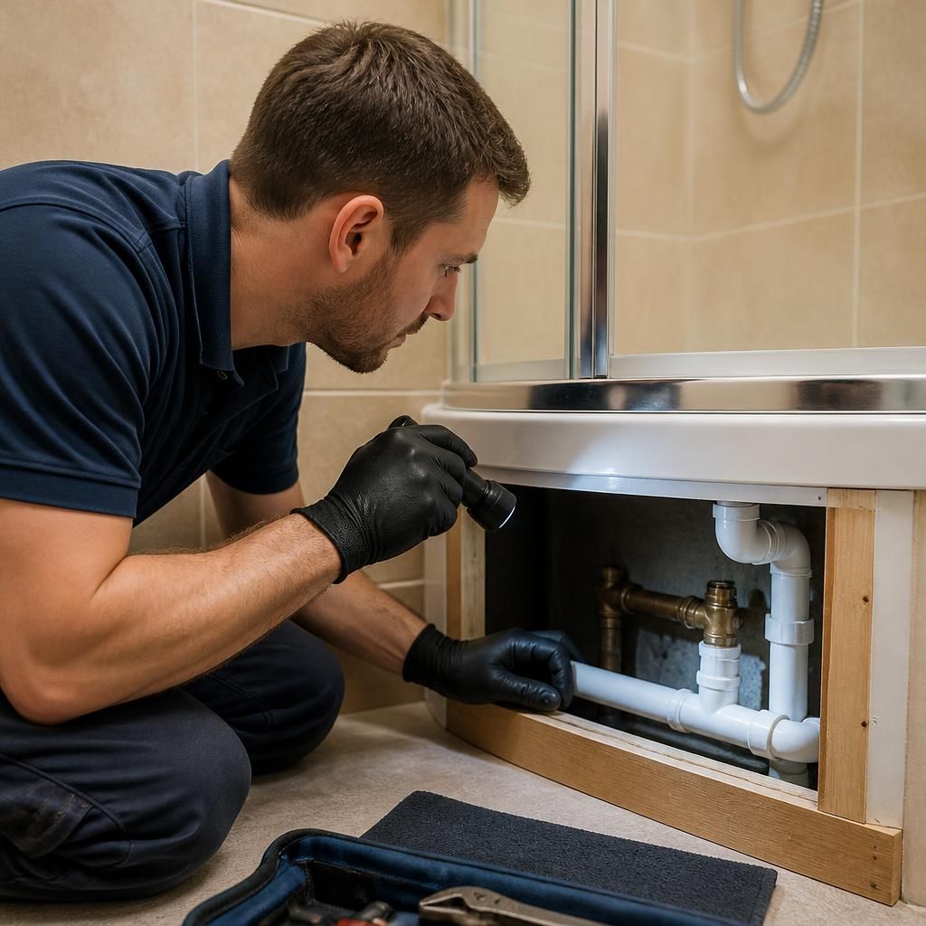 Plumber inspecting pipework beneath a leaking shower