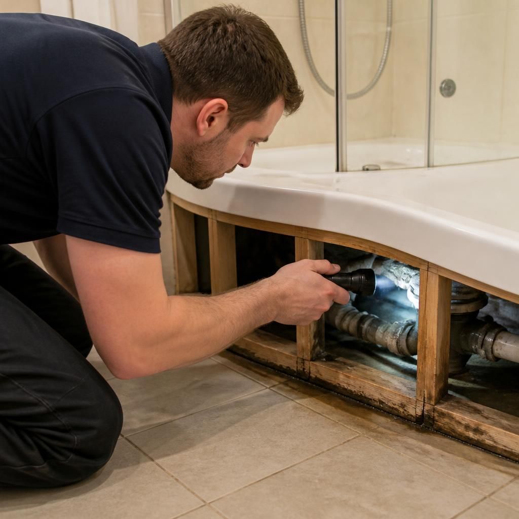 Plumber checking pipework beneath a shower tray for signs of water damage