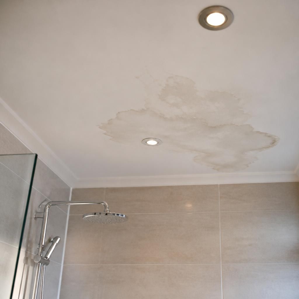 Water stain spreading across a bathroom ceiling beneath a shower