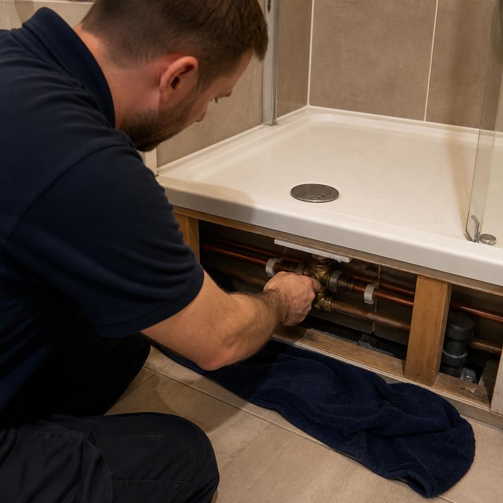 Plumber inspecting exposed pipework beneath a bathroom shower tray