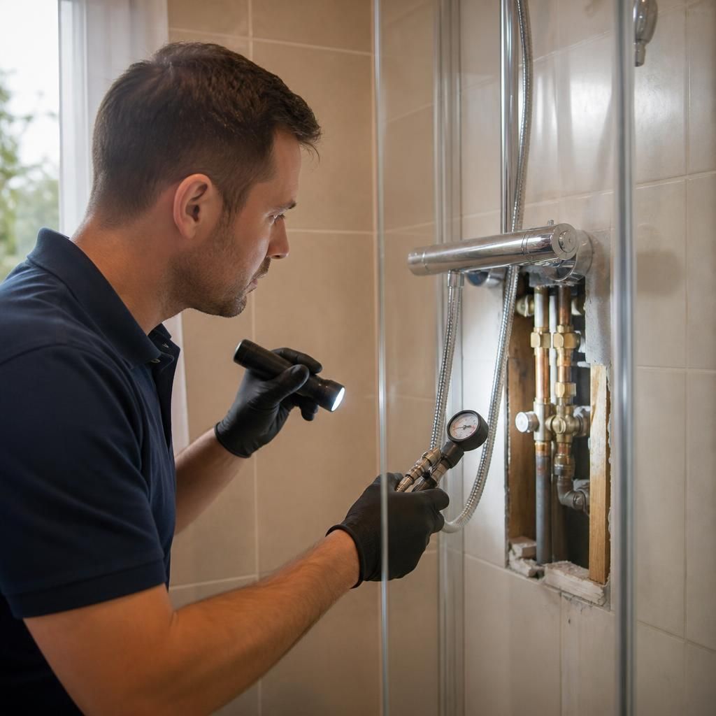 Plumber inspecting shower fittings and pipe connections with a torch and testing tools