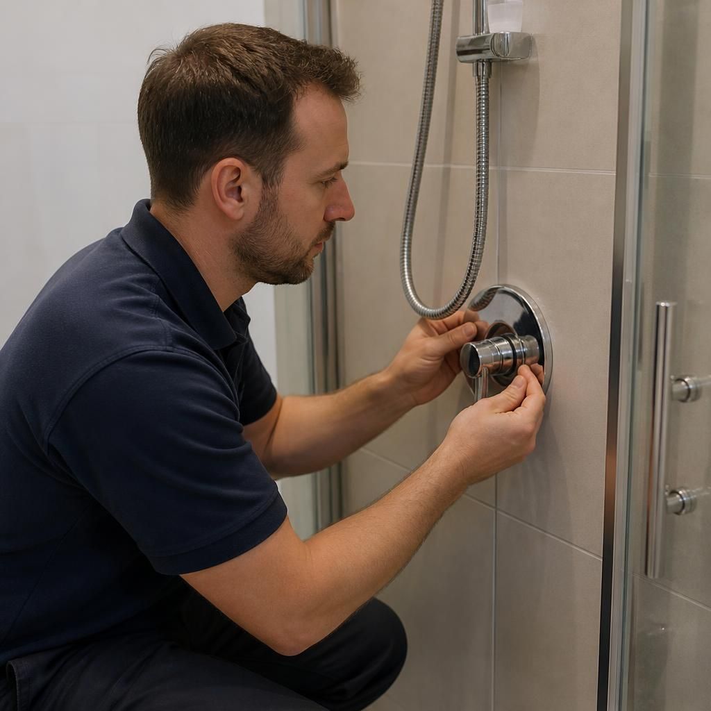 Plumber inspecting a shower valve in a rented bathroom
