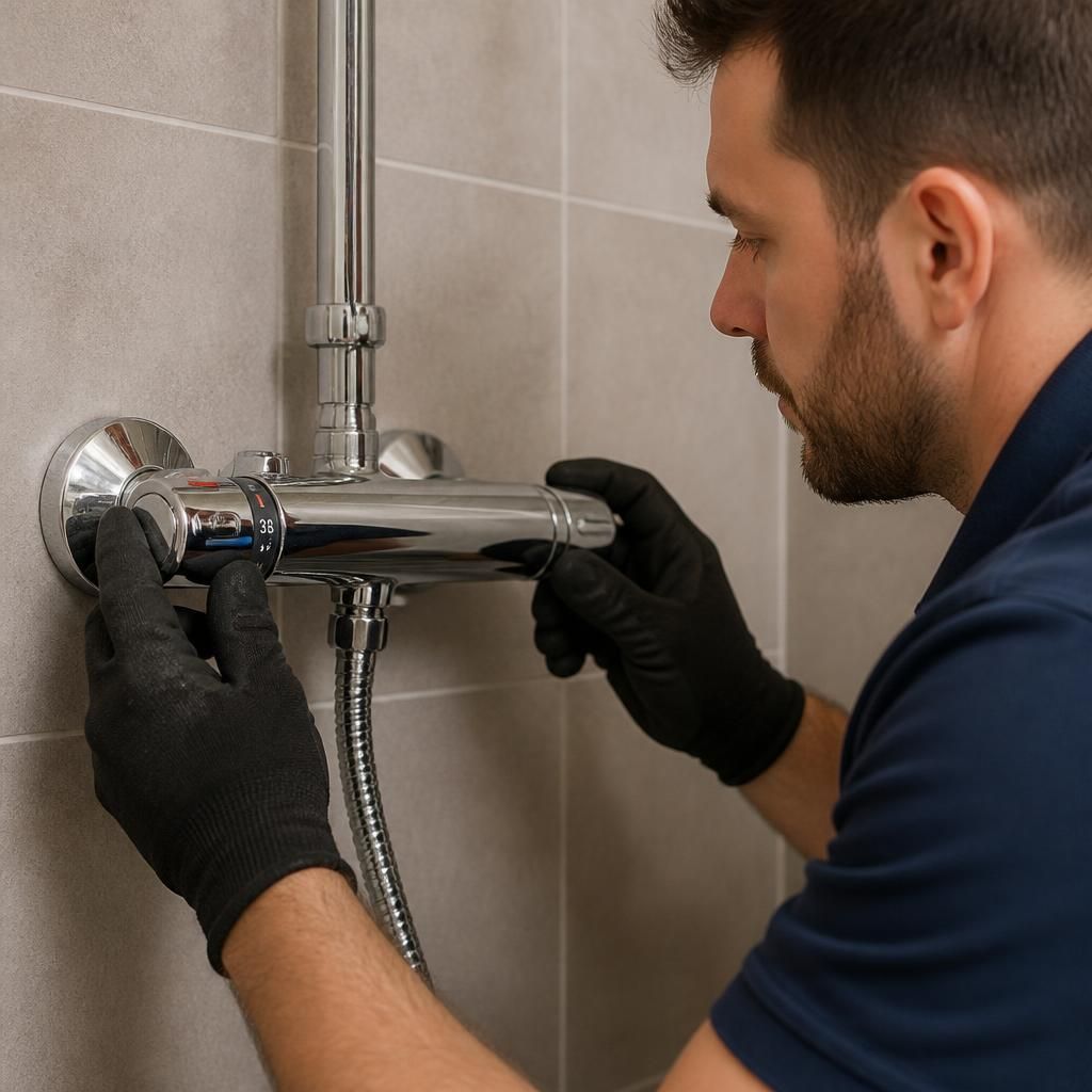 Plumber inspecting a thermostatic shower valve with its temperature control and pipe connections visible
