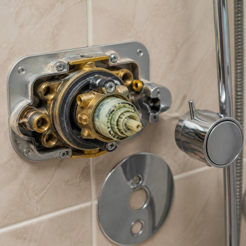 Thermostatic shower valve with its handle and cover removed for inspection
