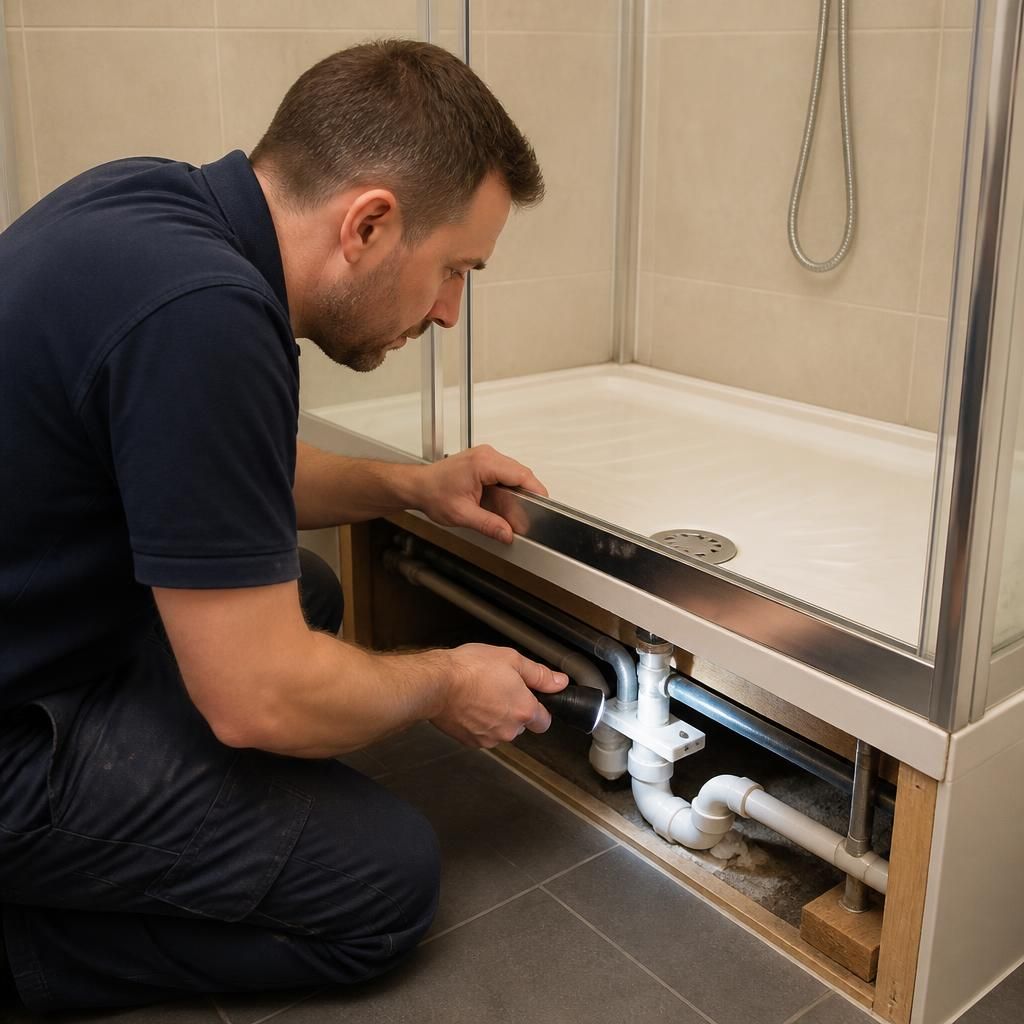 Plumber inspecting pipework beneath a shower tray for signs of a leak
