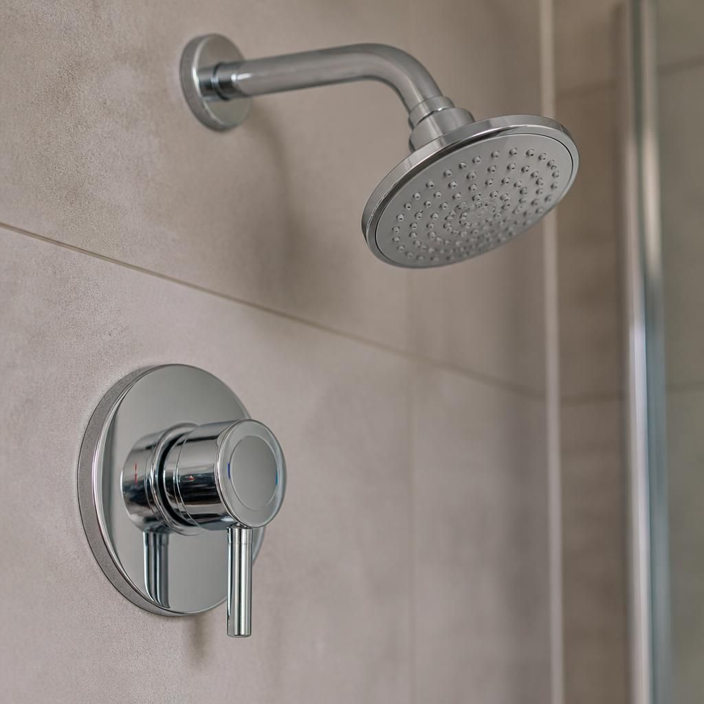 Close-up of a shower control valve and showerhead with the water turned off
