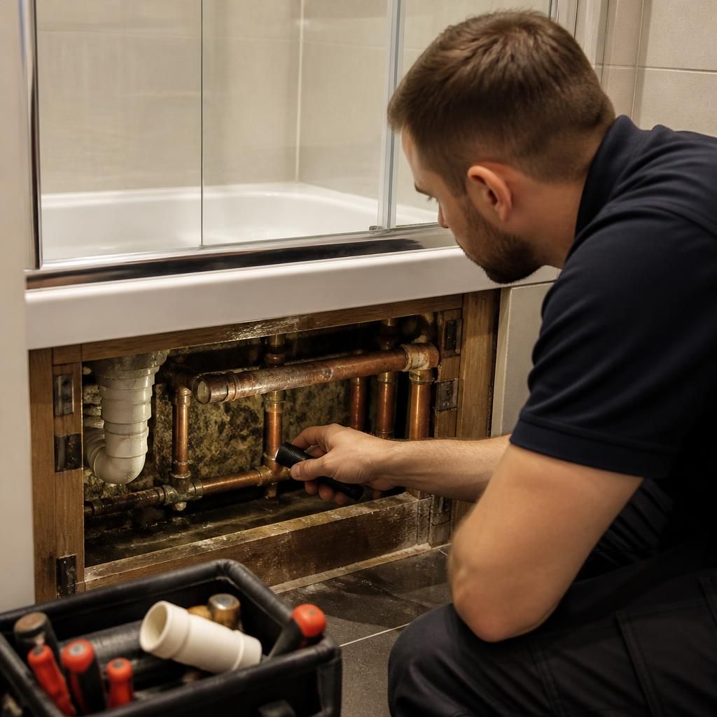 Plumber inspecting exposed shower pipework beneath a bathroom fitting