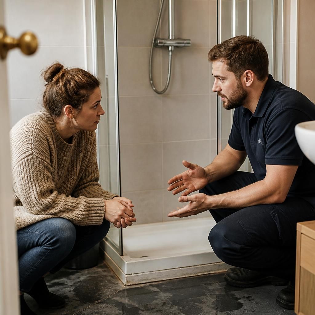 Landlord and tenant discussing a leaking shower repair in a rented bathroom