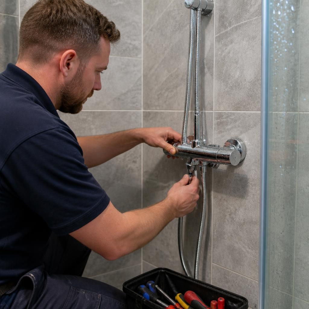 Plumber testing shower controls and water connections