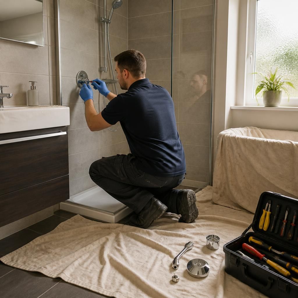 Plumber protecting bathroom surfaces while repairing a shower