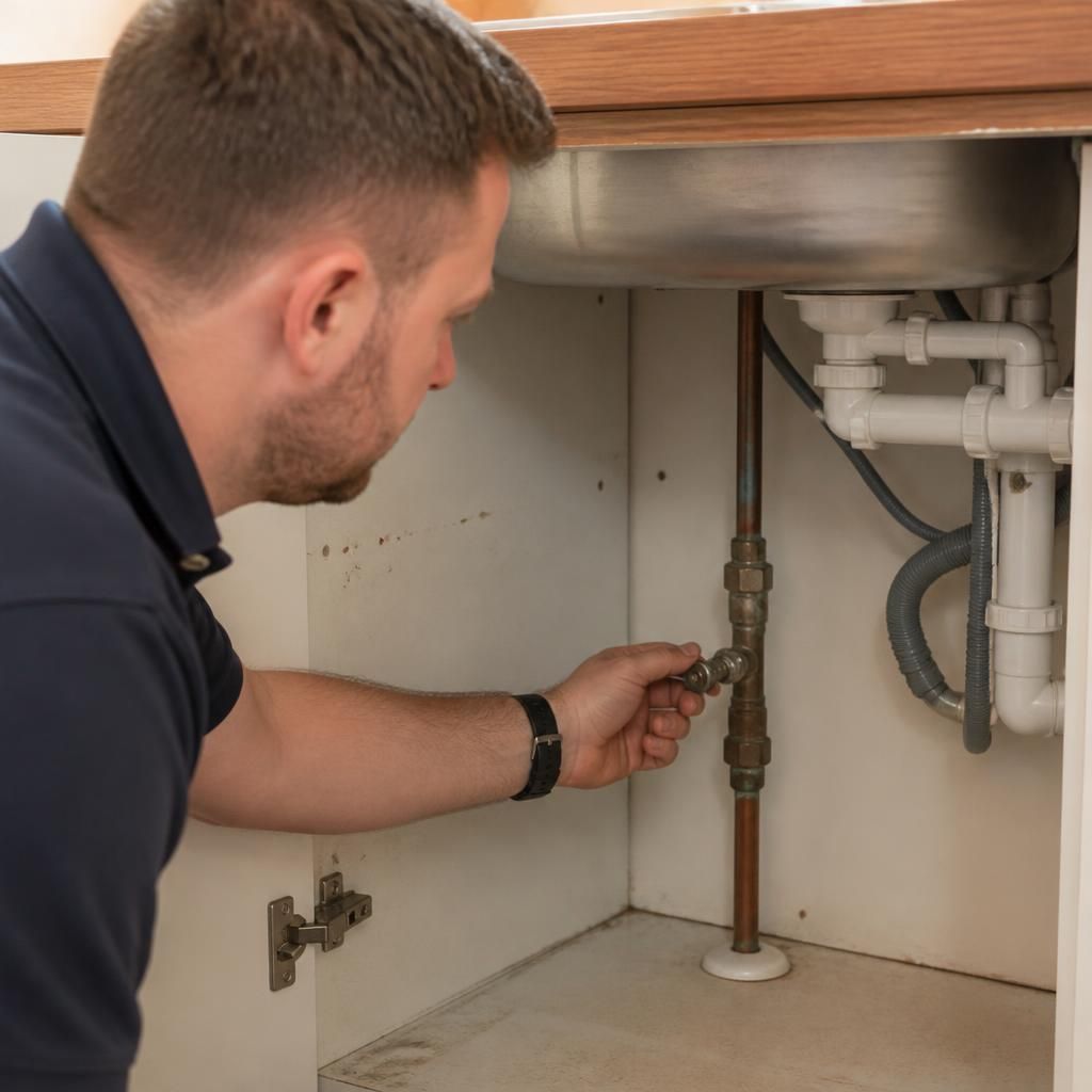 Plumber inspecting a seized isolation valve beneath a kitchen sink