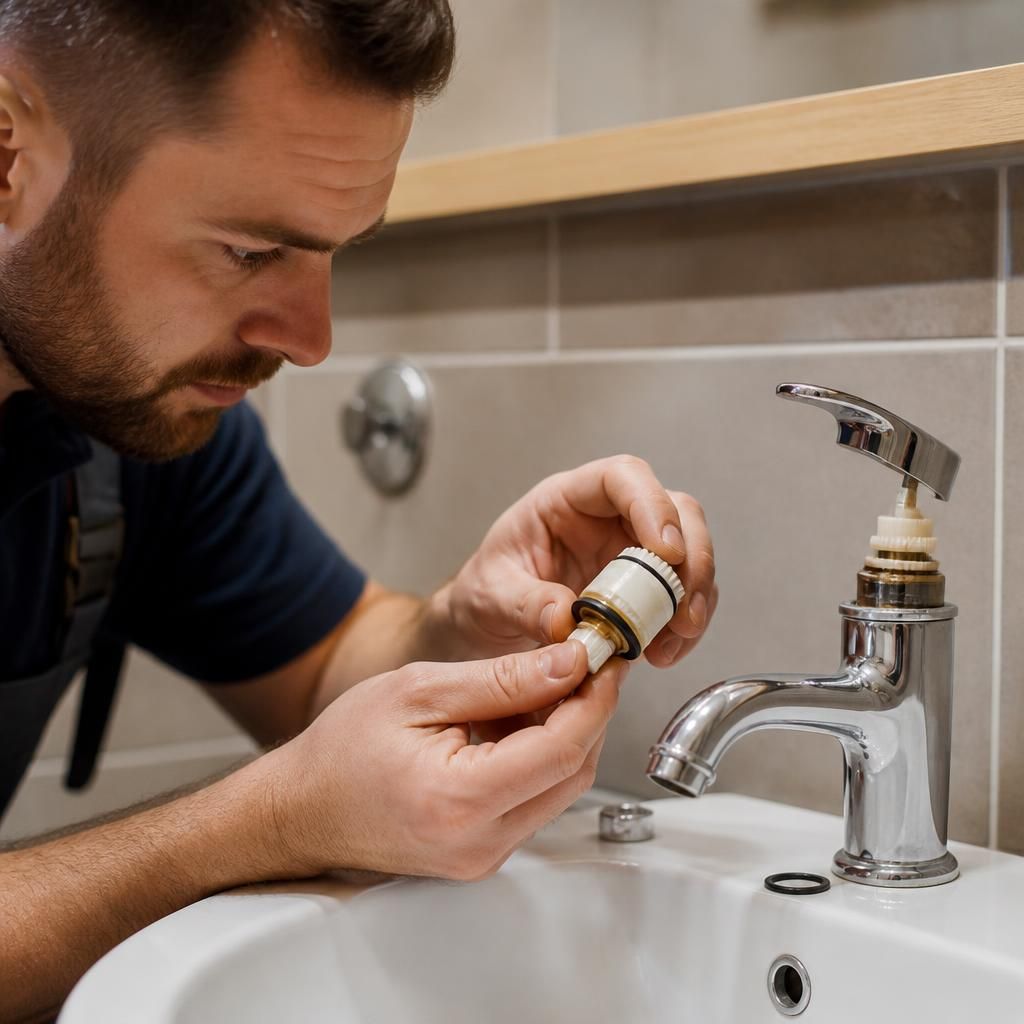Plumber inspecting the cartridge and seals beneath a leaking tap handle