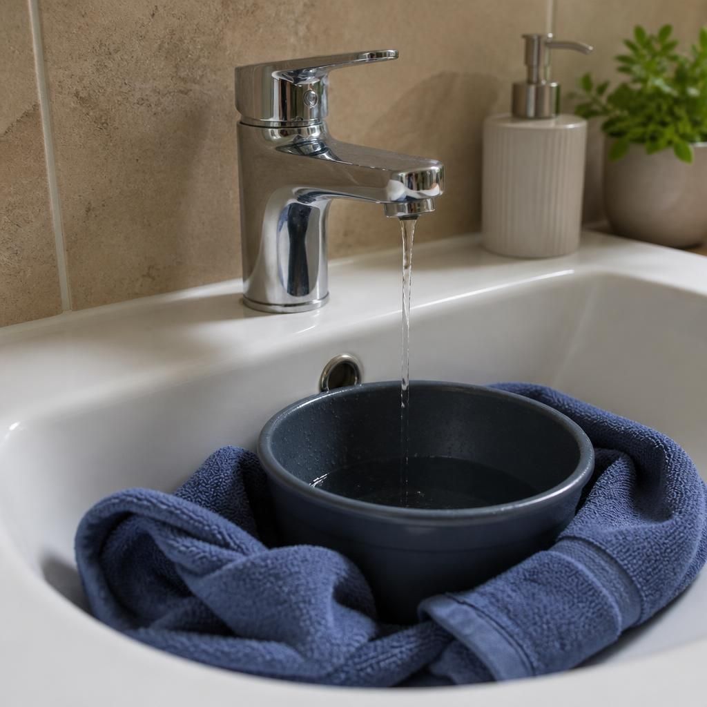 Bathroom basin tap with towels and a container beneath a visible leak