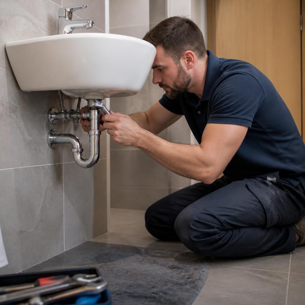 Plumber accessing pipework beneath a bathroom basin