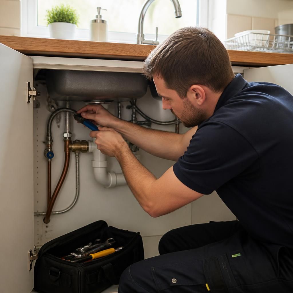 Plumber inspecting kitchen tap connections beneath a sink in a rented property