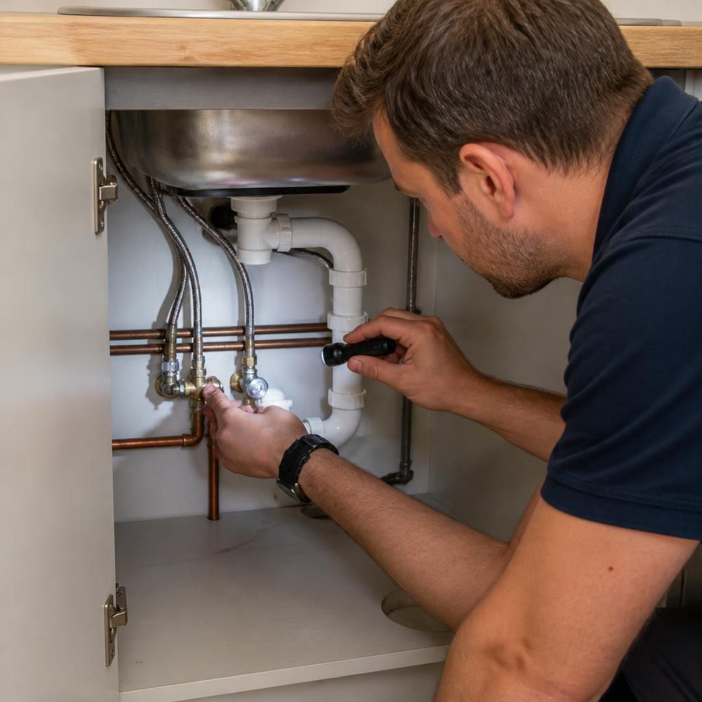 Plumber inspecting pipework and isolation valves beneath a kitchen sink