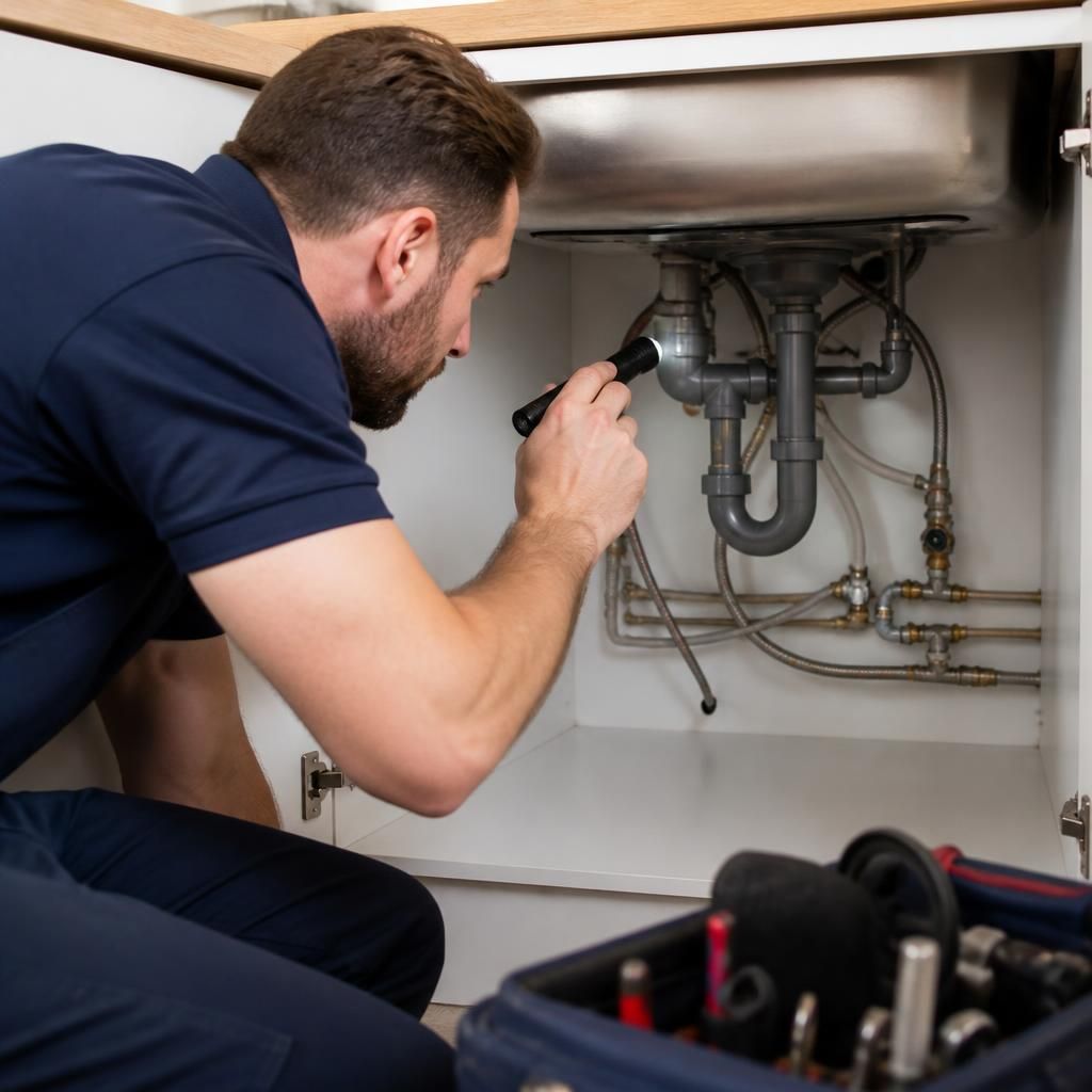 Plumber inspecting pipe connections beneath a kitchen sink