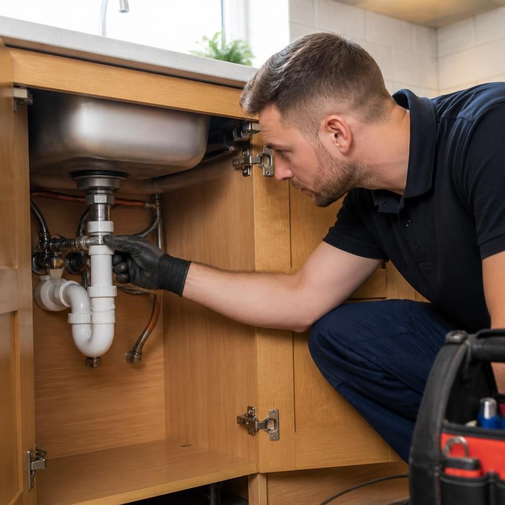 Plumber inspecting kitchen tap connections beneath a sink