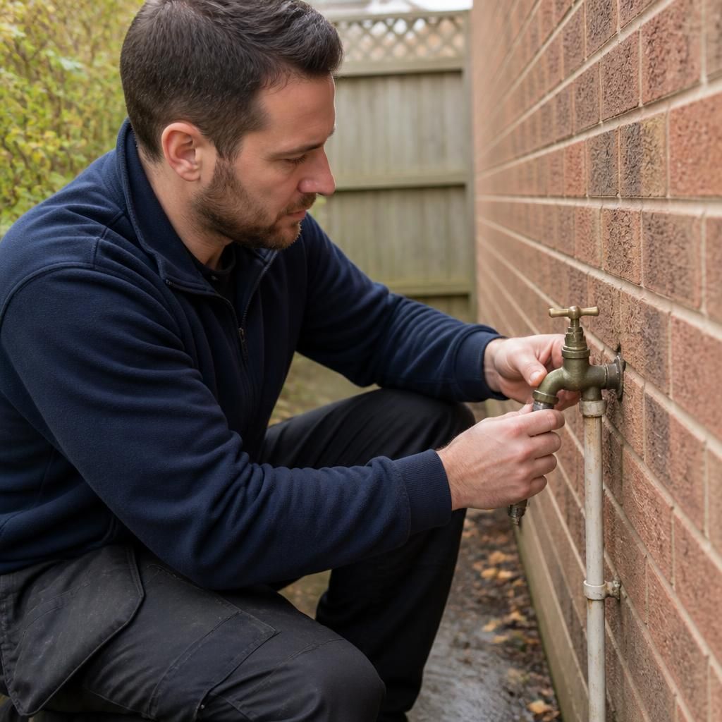 Plumber examining an outdoor tap beside a garden wall