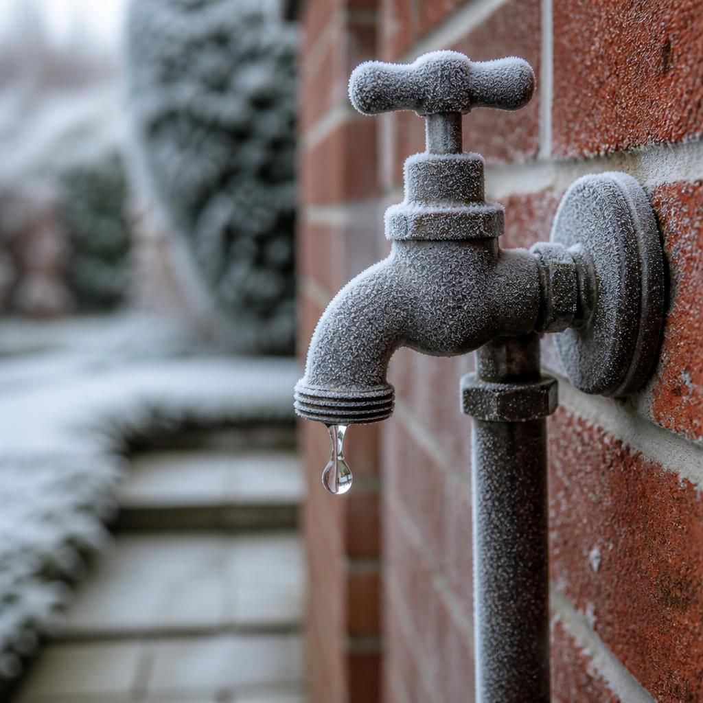 Frost-covered outdoor tap with water dripping from its spout