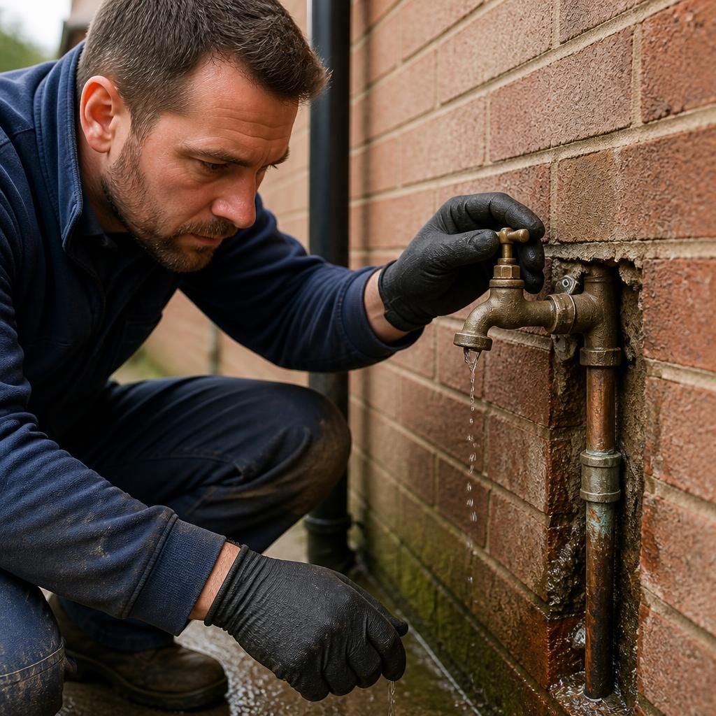 Plumber inspecting a leaking outdoor tap and its exposed pipe connection