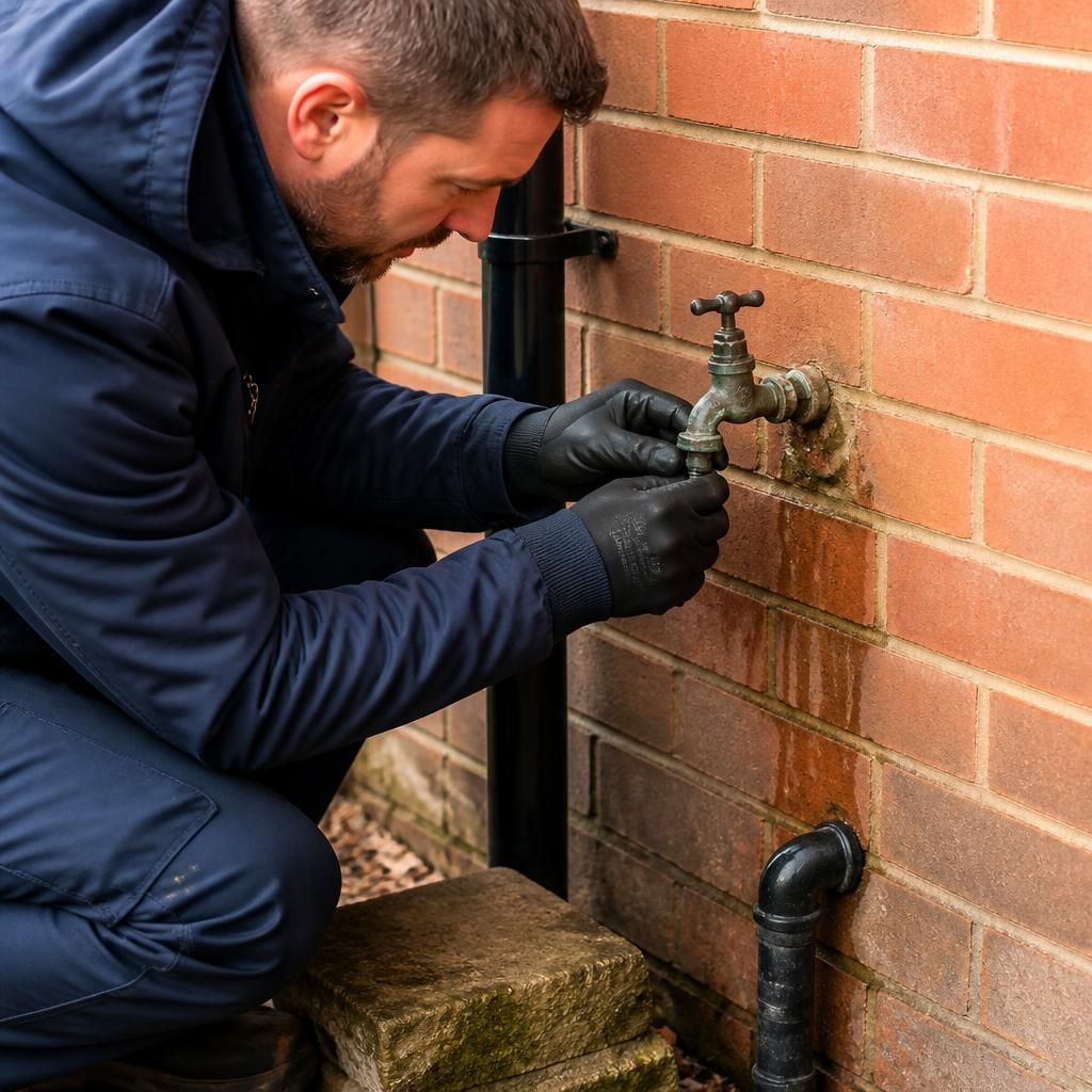 Plumber inspecting a leaking outdoor tap and its wall connection