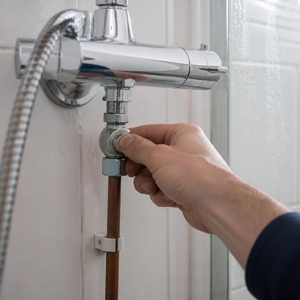Plumber turning an isolation valve beneath a shower mixer