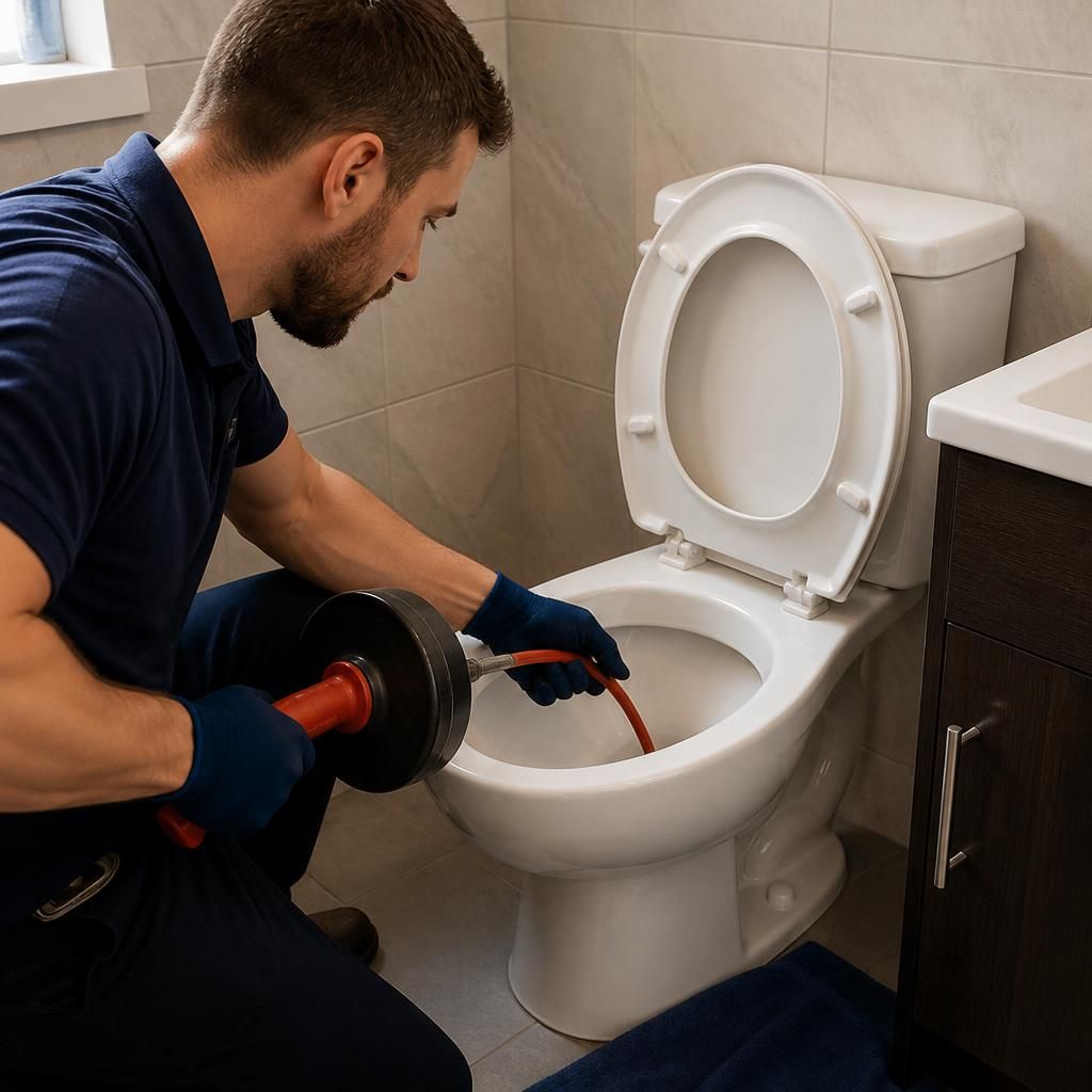 Plumber using a toilet auger to clear an obstruction from a ceramic toilet pan