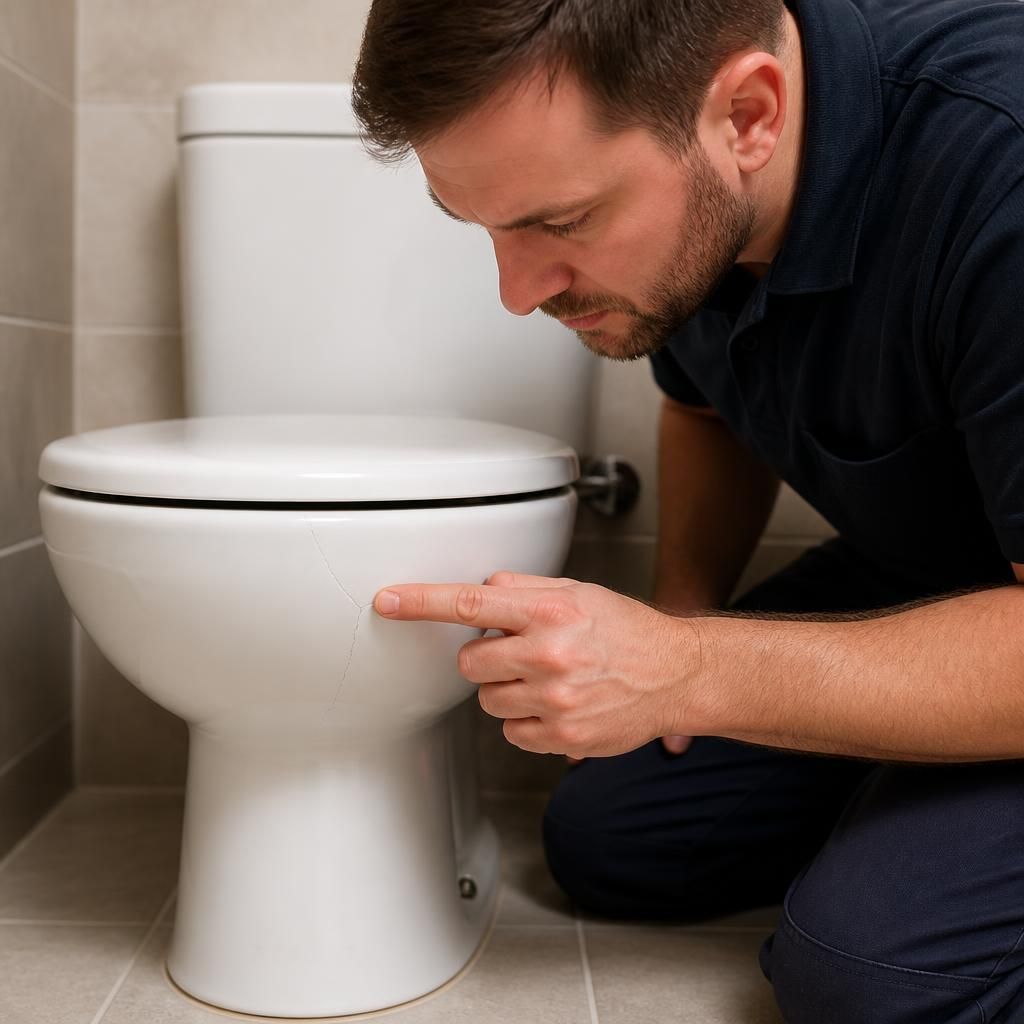 Plumber examining a hairline crack on the ceramic surface of a toilet bowl