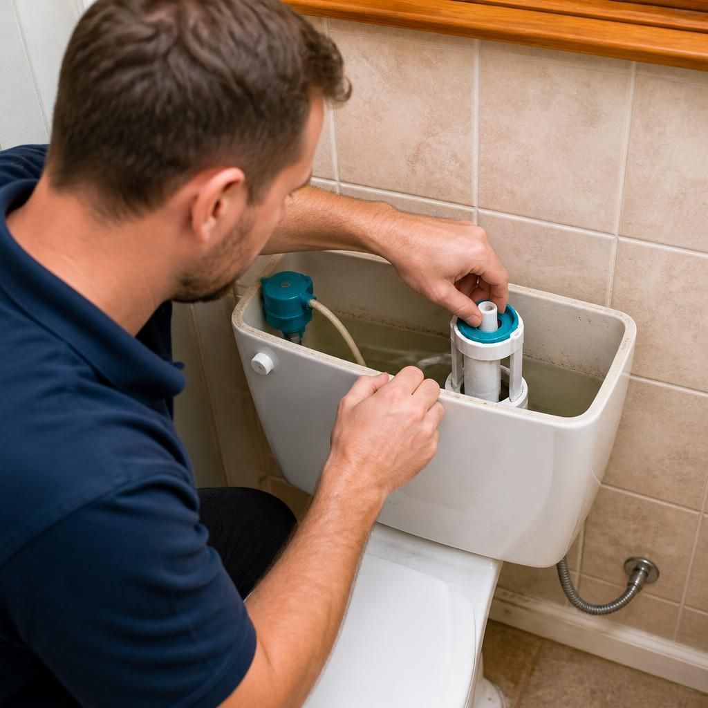 Plumber inspecting the internal flush mechanism inside a toilet cistern