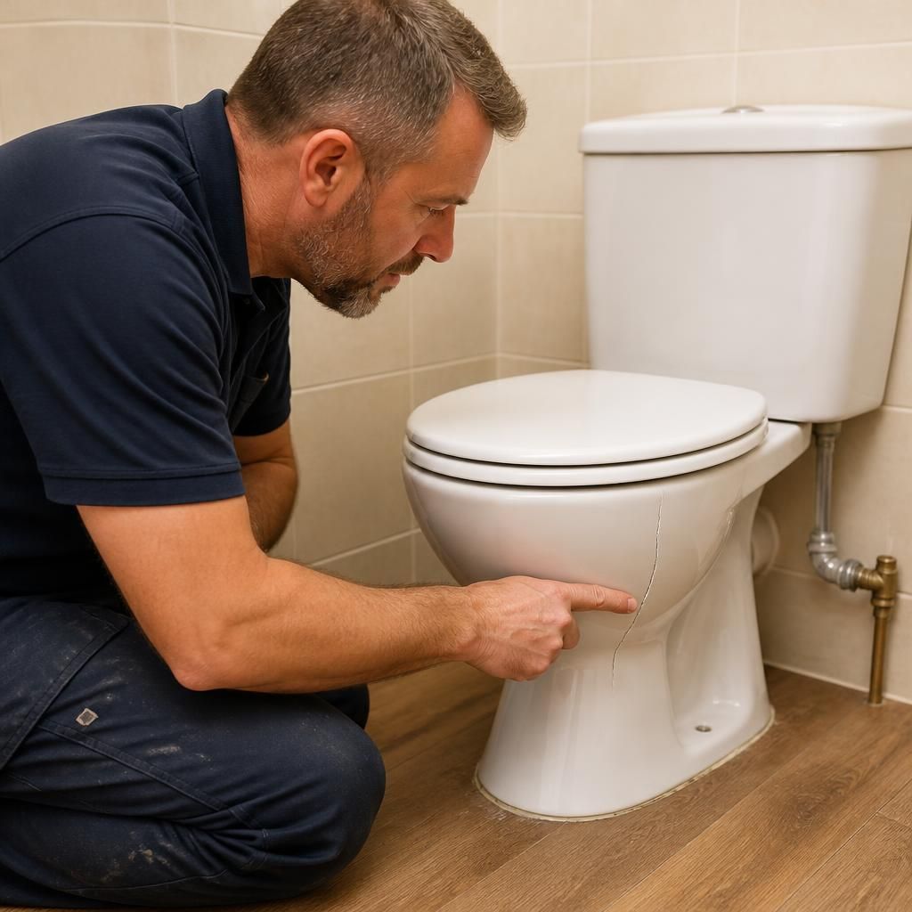Plumber inspecting a cracked toilet bowl beside the cistern