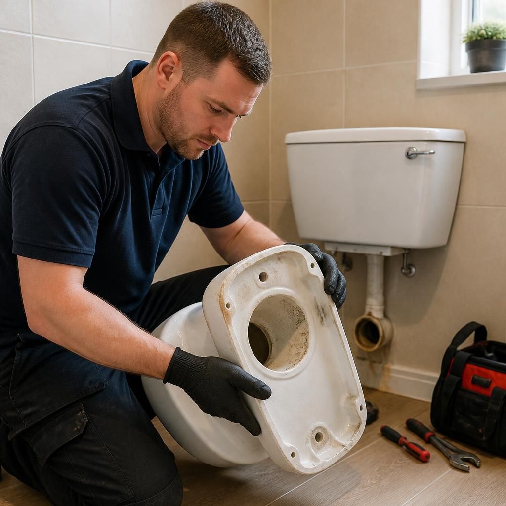 Plumber examining a toilet pan and checking the ceramic base for damage