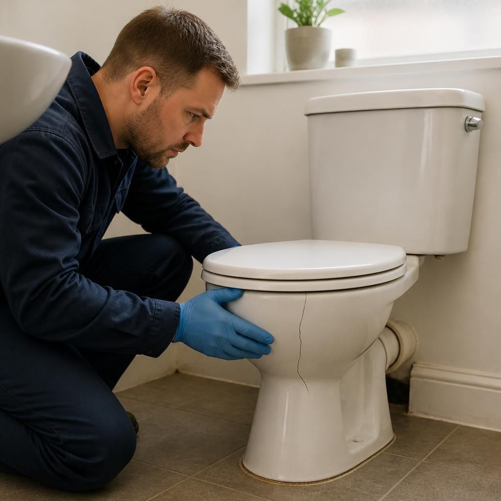 Plumber inspecting a cracked toilet bowl in a rented bathroom