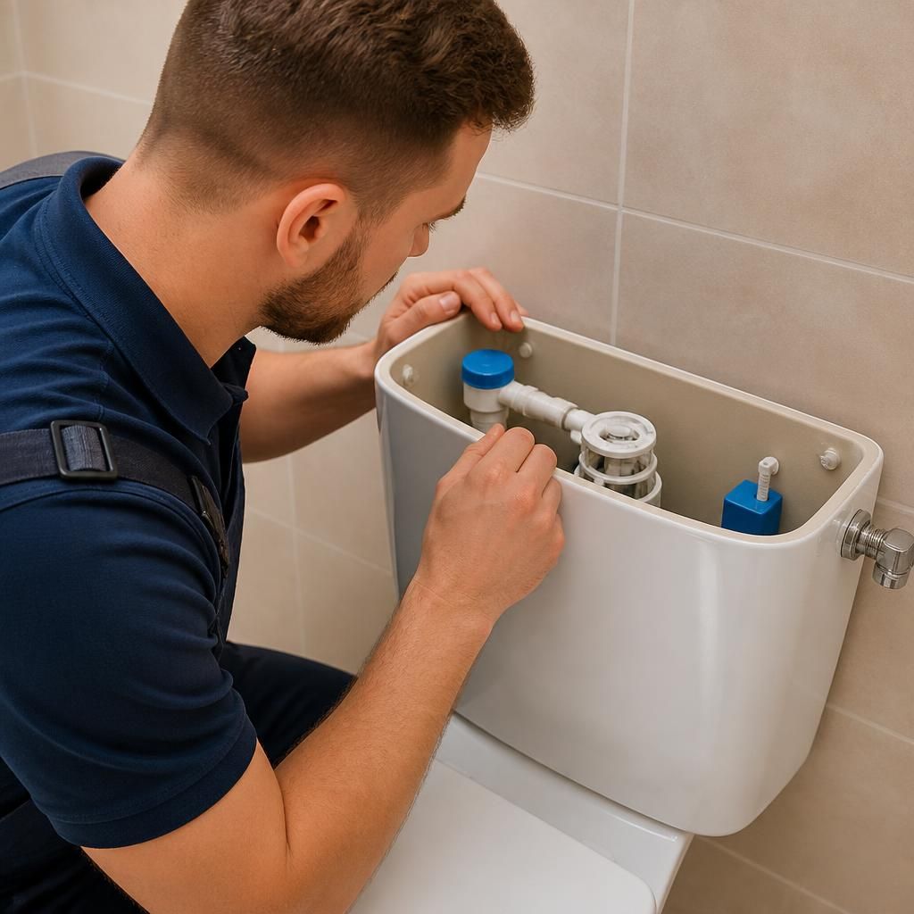 Plumber examining the inside of a toilet cistern with its lid removed