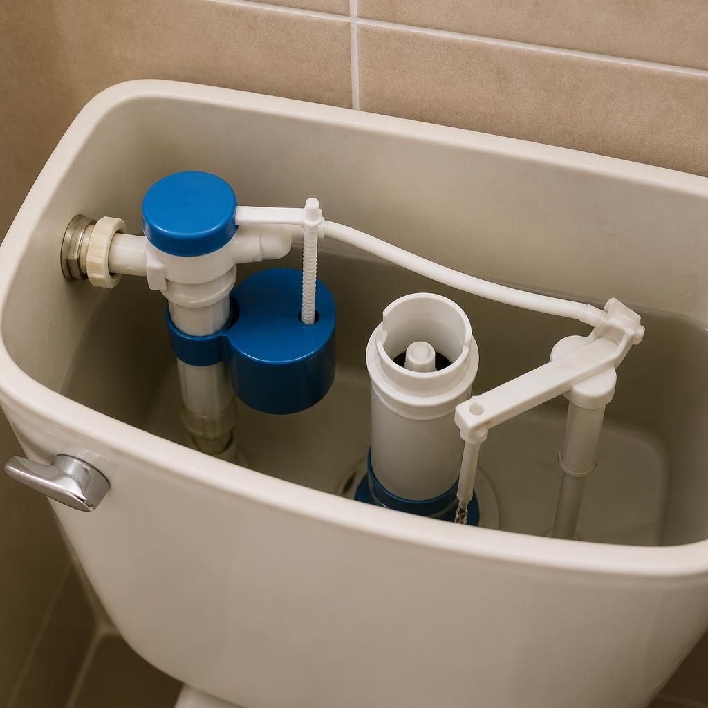 Open toilet cistern showing its internal flush and inlet mechanisms