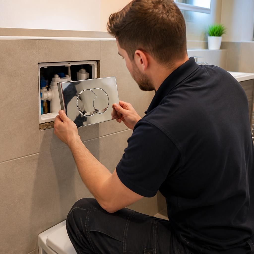 Plumber removing a flush plate to access a concealed toilet cistern