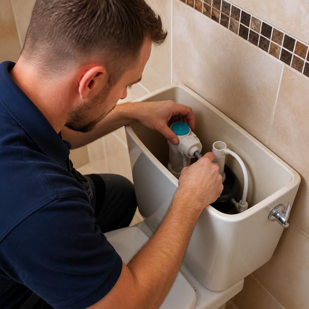 Plumber inspecting the flush mechanism inside an accessible toilet cistern