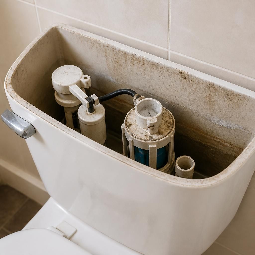 Open toilet cistern showing the flush mechanism inside a bathroom