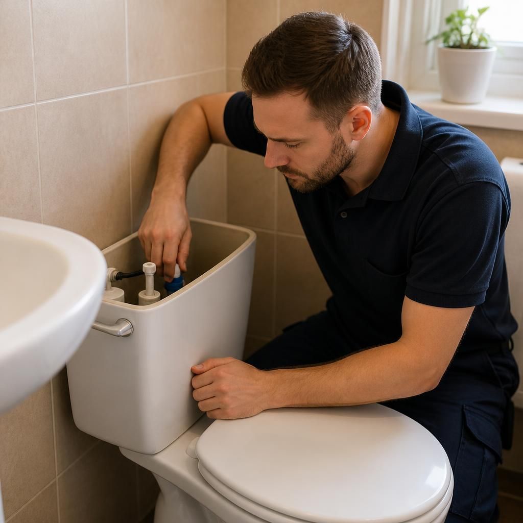 Plumber inspecting a toilet cistern and flush mechanism in a rented bathroom