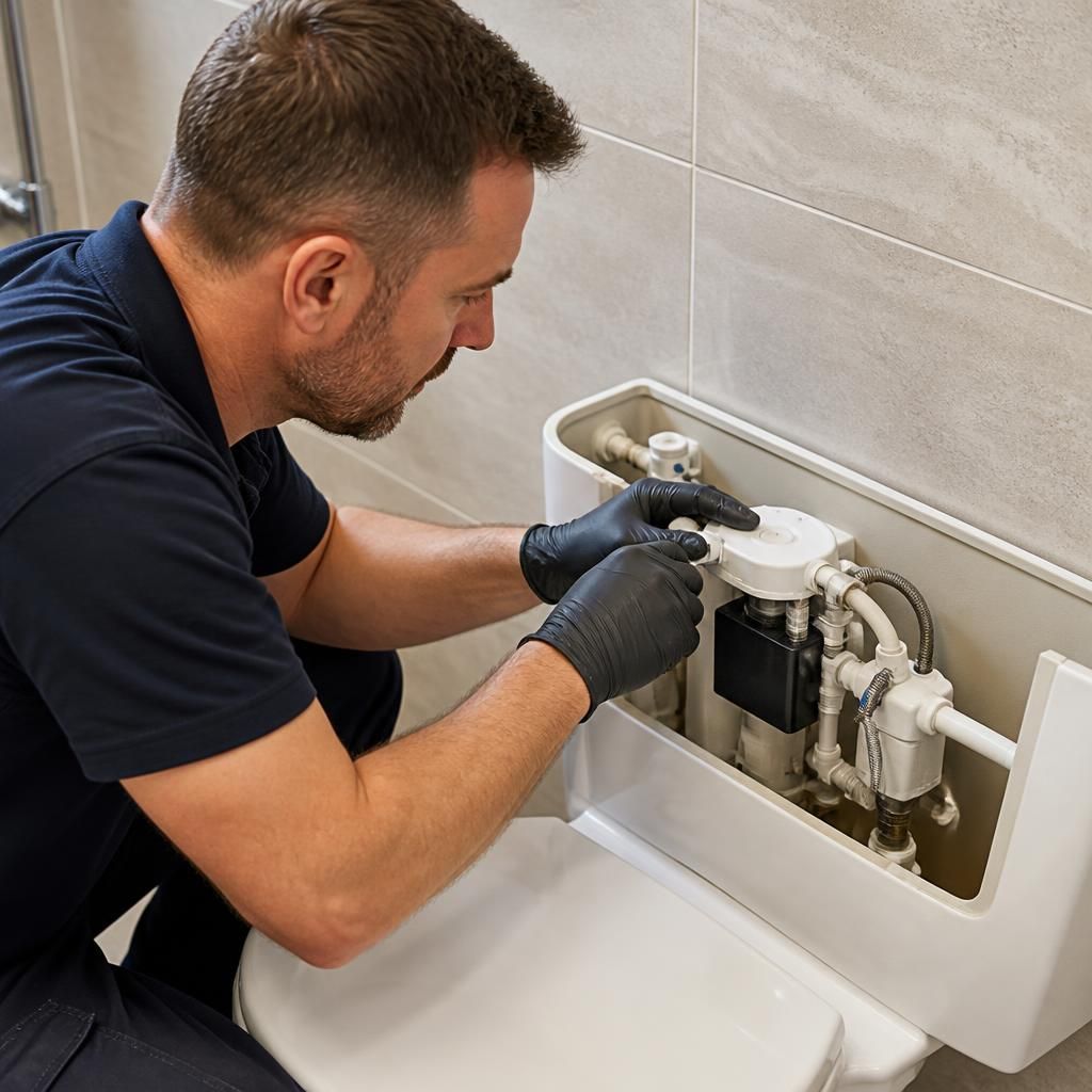 Plumber inspecting the flush mechanism inside an open toilet cistern
