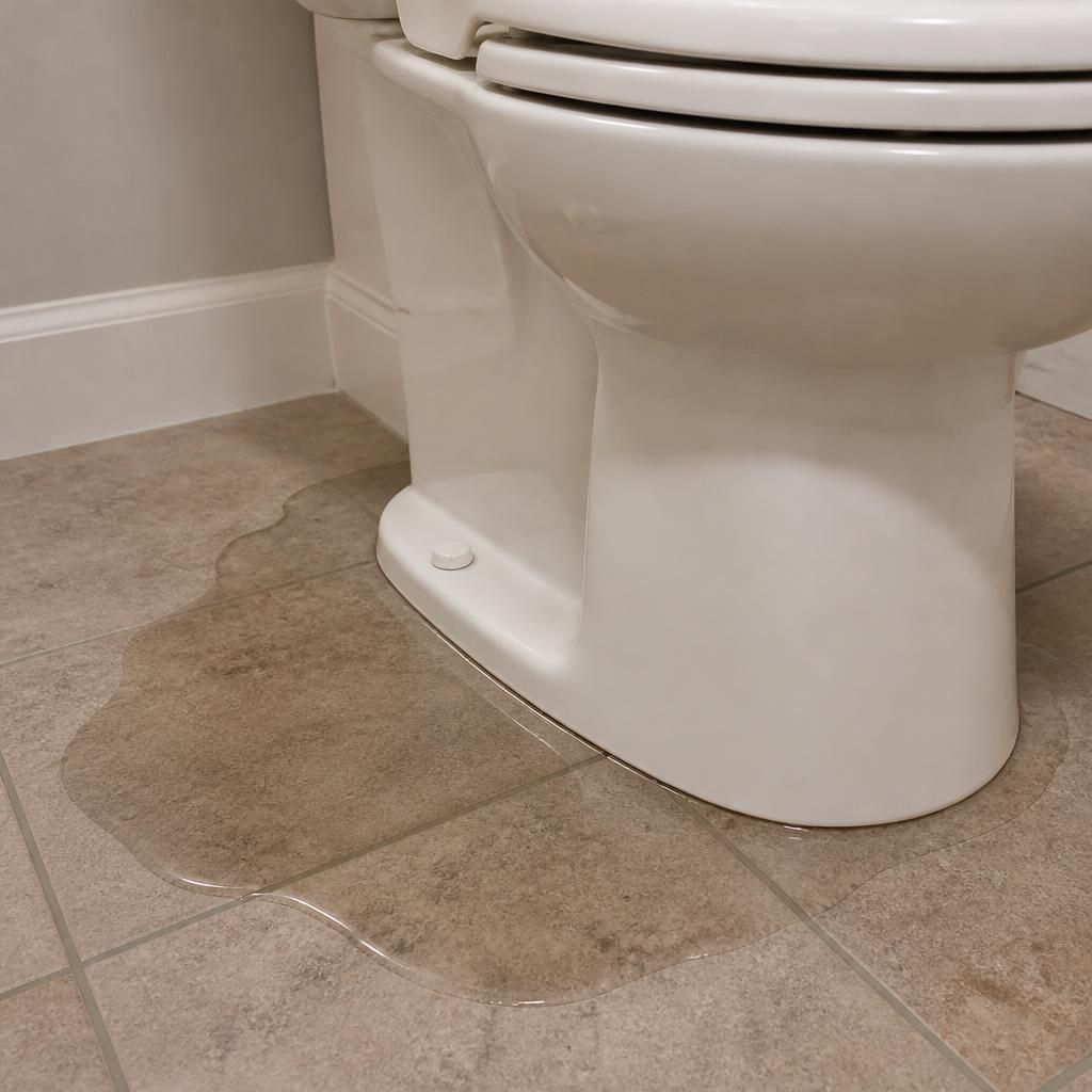 Water pooling around the base of a bathroom toilet
