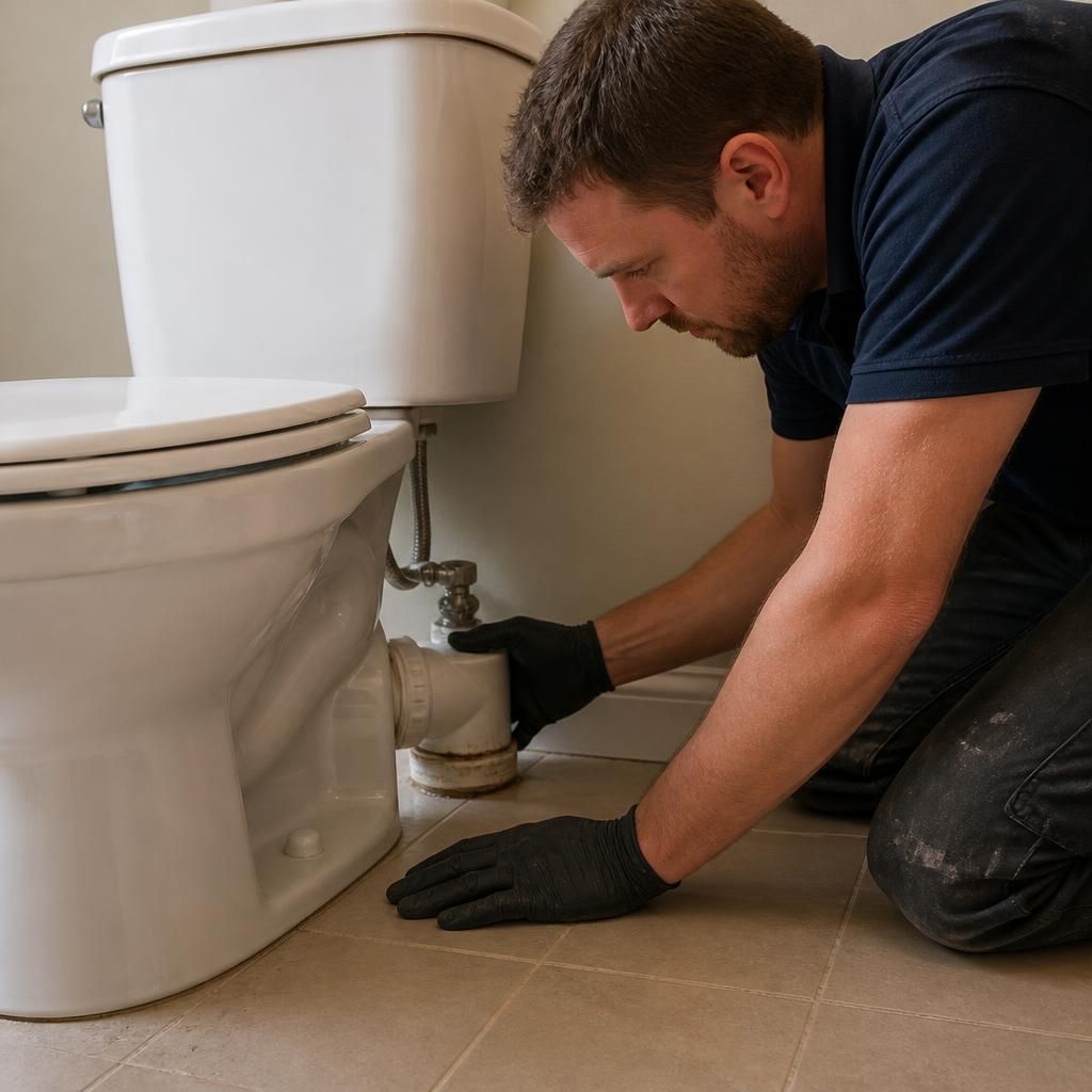 Plumber inspecting the base of a toilet and its connecting pipework
