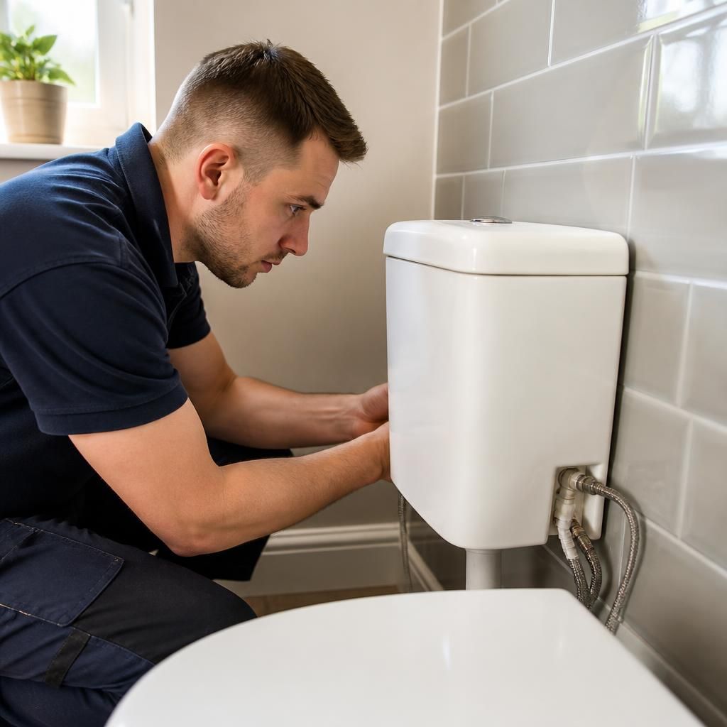 Plumber inspecting a toilet cistern and water supply connection in a residential bathroom