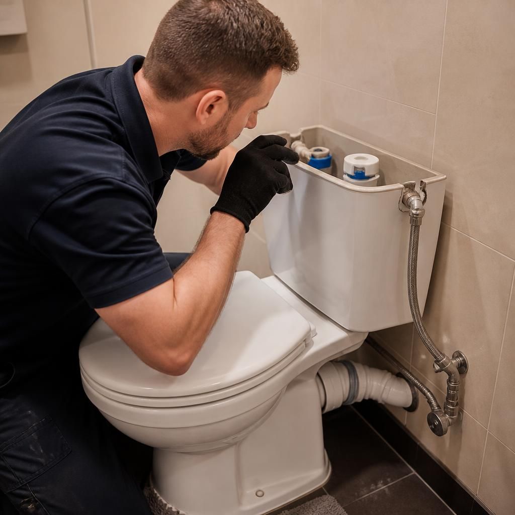 Plumber inspecting a toilet cistern and surrounding pipework for signs of moisture